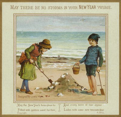Kinder spielen am Strand - Neujahrskarte von English School