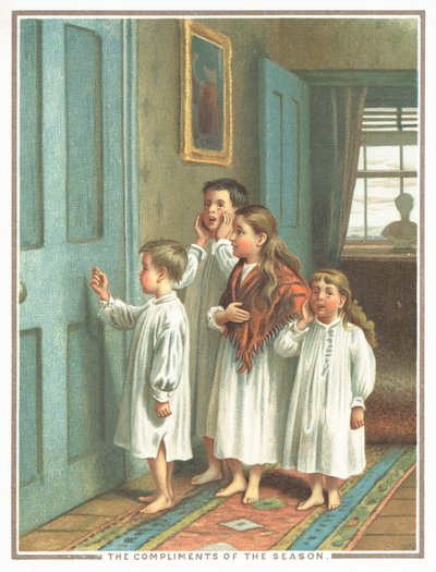 Kinder klopfen an Schlafzimmertür, Weihnachtskarte von English School