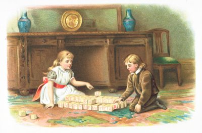 Kinder spielen mit Bauklötzen auf dem Boden, Weihnachtskarte von English School
