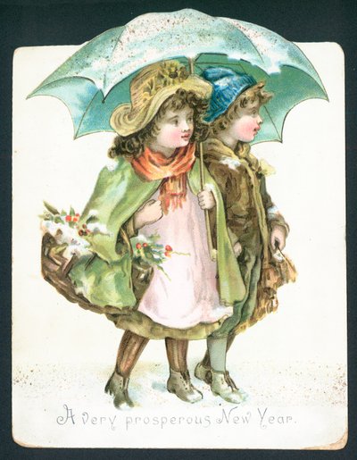 Kinder gehen im Schnee unter einem Regenschirm, Neujahrskarte von English School