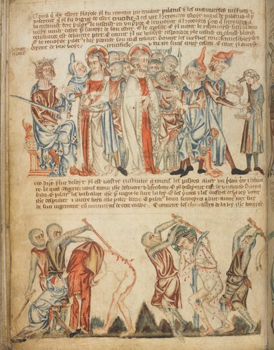 Christus vor Herodes und vor Pilatus; Herodes wäscht seine Hände; die Geißelung Christi, Add. 47682, f.30v, ca. 1320-30 von English School