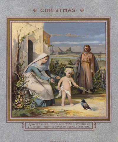 Weihnachtskarte: Jesus spielt mit einer Taube, beobachtet von seinen Eltern von English School