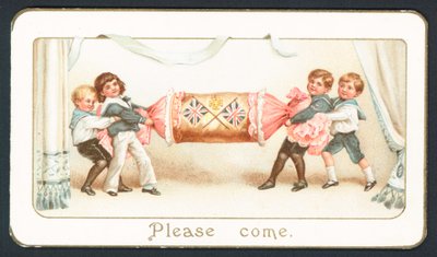 Weihnachtskarte mit Kindern, die einen Knallbonbon ziehen von English School