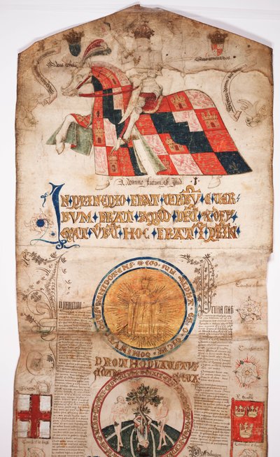 Chronik der Geschichte der Welt von der Schöpfung bis Woden, mit einer Genealogie von Edward IV (Edward IV Roll), Anfangsabschnitt mit einem Porträt von Edward IV zu Pferd, einem Rundel mit Gott und einem weiteren von English School
