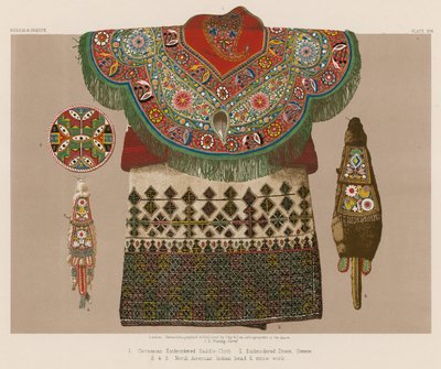 Tscherkessische bestickte Satteldecke; besticktes Kleid, Griechenland; nordamerikanische Indianerperlen- und Strohhandwerk von English School