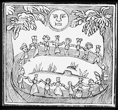 Kreis von Hexen, die unter einem Vollmond tanzen, Illustration aus einer Sammlung von Heftromanen über Esoterik von English School