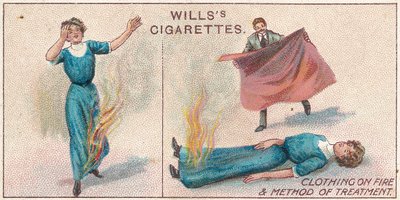 Kleidung in Brand, Nr. 34 aus der Erste-Hilfe-Serie von Willss Zigarettenkarten, 1913 von English School