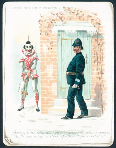 Clown wartet auf Polizisten mit Gans, Weihnachtskarte von English School