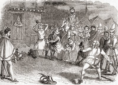Hahnenwerfen, auch bekannt als Cock-shying oder Werfen auf Hähne, aus "Old England: A Pictorial Museum", veröffentlicht 1847 von English School