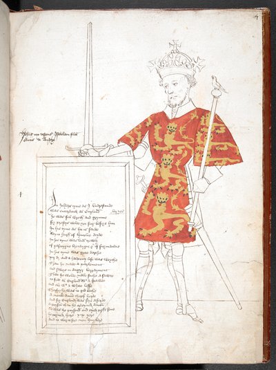 Farbzeichnung eines englischen Königs in Rüstung und Wappenrock (König John), der eine Tafel mit Versen präsentiert. Unvollendet. von English School