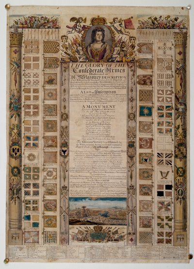 Gedenktafel mit von den Franzosen nach der Schlacht von Blenheim erbeuteten Standarten, ca. 1704 (farbige Liniengravur) von English School