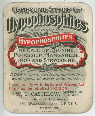 Etikett für Compound Syrup of Hypophosphites, frühes 20. Jahrhundert von English School
