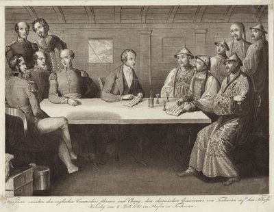 Konferenz in Chusan zwischen Commodore Bremer und einem chinesischen Beamten auf der HMS Wellesley am 4. Juli 1841 von English School