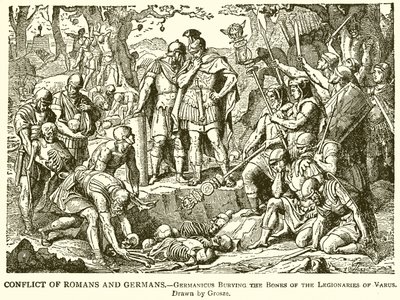 Konflikt zwischen Römern und Germanen.--Germanicus begräbt die Knochen der Legionäre des Varus von English School
