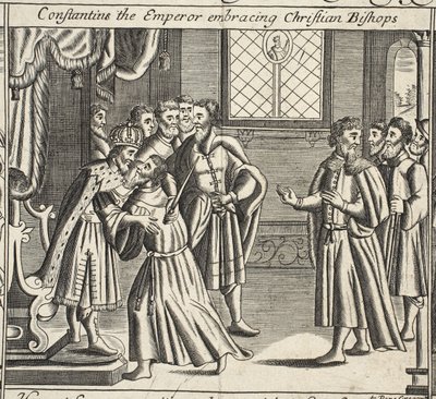 Konstantin der Kaiser umarmt christliche Bischöfe, Illustration aus Acts and Monuments von John Foxe, neunte Ausgabe, veröffentlicht 1684 von English School
