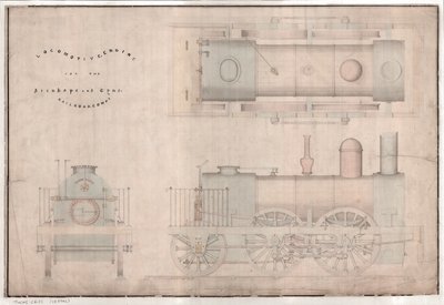 Konstruktionszeichnung, 0-4-2 Lokomotive und Tender von R. und W. Hawthorn and Co. für die Stanhope and Tyne Railway Co von English School