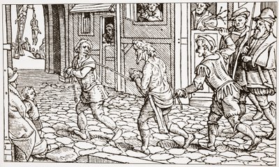 Zeitgenössischer Holzschnitt, der einen Vagabunden zeigt, der durch die Straßen einer Stadt gepeitscht wird von English School