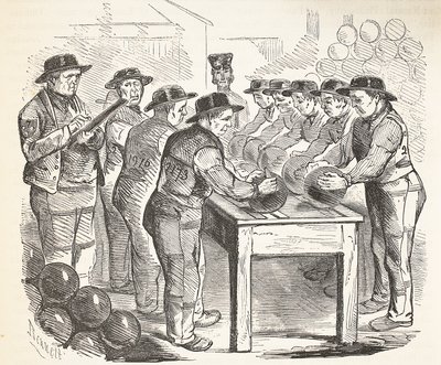 Gefangene beim Schaben von Schrot, Illustration aus The Criminal Prisons of London and Scenes from Prison Life von Henry Mayhew und John Binny, veröffentlicht 1862 von English School