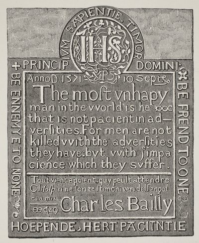 Kopie einer Schnitzerei von Charles Bailly, von der Wand des Beauchamp Tower, Tower of London, 1571 von English School