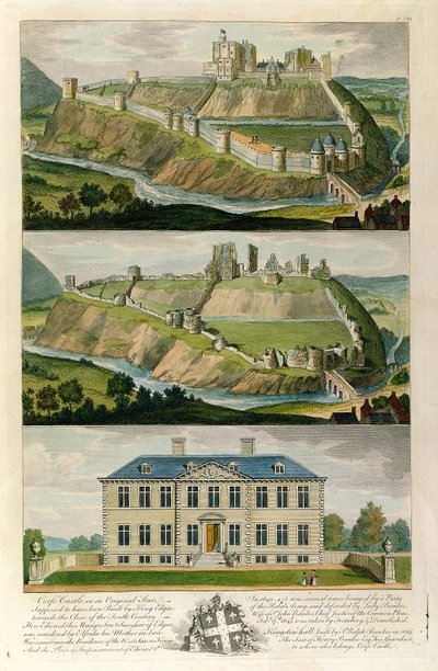 Corfe Castle in seinem ursprünglichen Zustand, als Ruine, und Kingston Hall, Sitz von Henry Bankes von English School