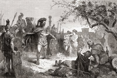 Coriolanus kehrt nach seinem Exil als Feind nach Rom zurück, aus Ward und Locks Illustrierter Geschichte der Welt, veröffentlicht um 1882 von English School