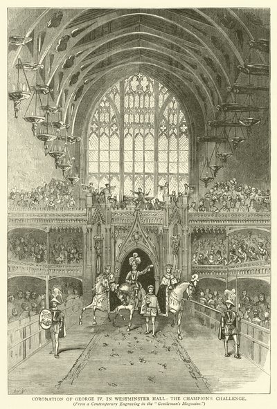 Krönung von George IV in der Westminster Hall, die Herausforderung des Champions, nach einer zeitgenössischen Gravur im "Gentleman