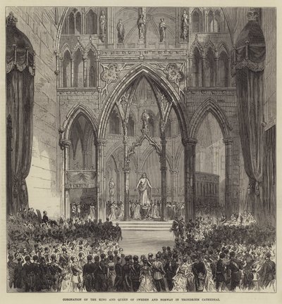 Krönung des Königs und der Königin von Schweden und Norwegen in der Kathedrale von Trondhjem (Stich) von English School