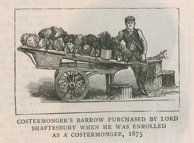 Schubkarre der Straßenhändler, gekauft von Lord Shaftesbury, als er 1875 als Straßenhändler eingeschrieben wurde von English School