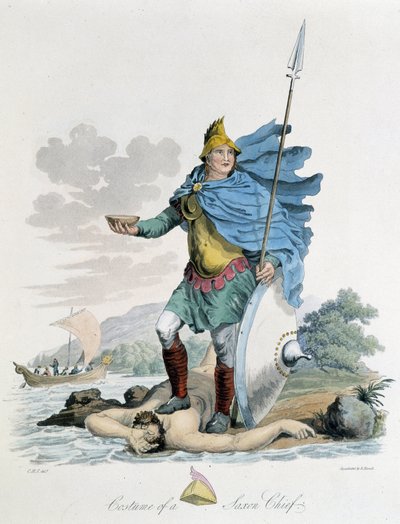 Kostüm eines sächsischen Anführers - in „Celts and Goths, customs of the inhabitants of the British Isles of the early 6th century and the Goth nations of the west coast of the Baltic“, von S.R. Meyrick und Ch. Smith von English School