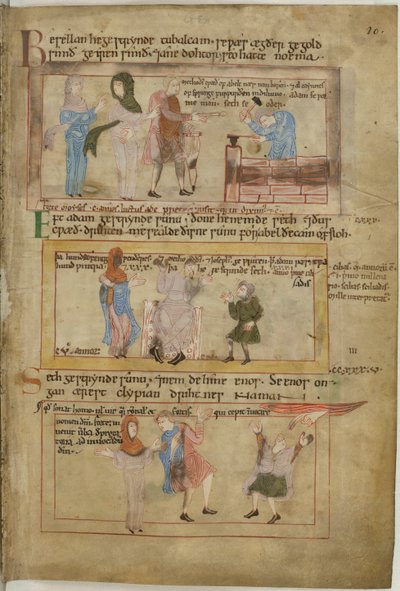 Lamech und seine zwei Frauen und sein Sohn, Tubalcain, der Schmied, bei der Arbeit von English School