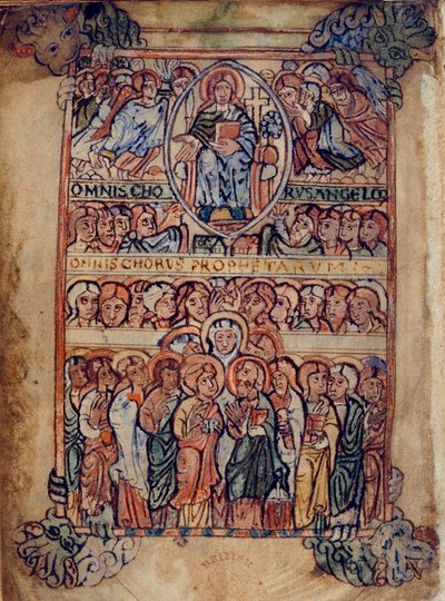 Christus in Majestät umgeben von den Werkzeugen der Passion und Chören von Engeln und Propheten, Illustration aus dem 
