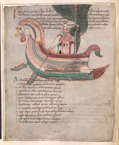 Cotton Tiberius B. V, Teil 1, f.40v, Ein Schiff, mit Turm und einem Schlangenkopf von English School