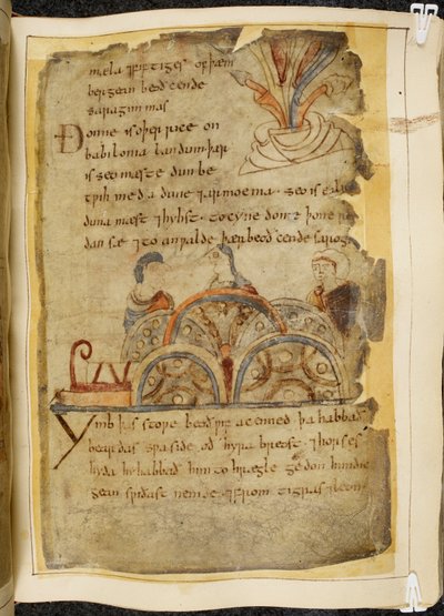 Ein goldener Weinstock; drei Menschen, die sprechen, die eine freundliche Nation darstellen, die das Rote Meer beherrscht, wo die besten Perlen gefunden werden, Illustration aus Beowulf, aus dem 