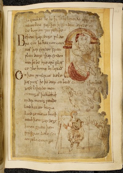 Ein Mann, der auf einem Kissen unter einem Bogen sitzt; zwei Catini, offenmäulige Bestien wie Hunde; ein Mann in Roben mit einem Stab, der seine Hand einem anderen Mann reicht, Illustration aus Beowulf, aus dem 