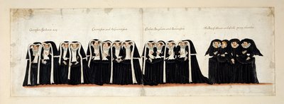 Gräfinnen-Assistentinnen; Gräfinnen und Viscountessen; die Töchter von Earls und Baronessen; Ehrendamen und der Privy Chamber. Teil des Trauerzugs von Königin Elisabeth I. zur Westminster Abbey, 28. April 1603 von English School