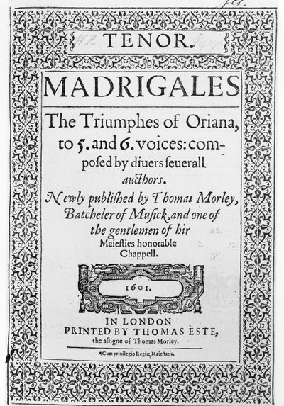 Umschlag zum Tenorpart von The Triumphes of Oriana, veröffentlicht von Thomas Este, 1601 von English School