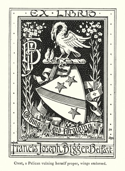 Wappen, ein Pelikan, der sich selbst verwundet, Flügel gestützt (Gravur) von English School