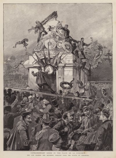 Menschenmengen reißen Trauersymbole von der Statue von Straßburg auf der Place de la Concorde, Paris von English School