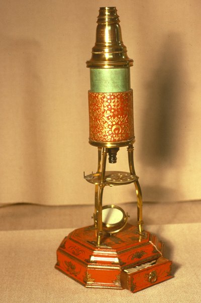 Mikroskop im Culpeper-Stil, mit Chinoiserie-Stil-Basis und goldgeprägtem Körper (Holz, Messing & Gold) von English School