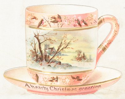 Tasse und Untertasse mit Schneeszene, Weihnachtskarte von English School