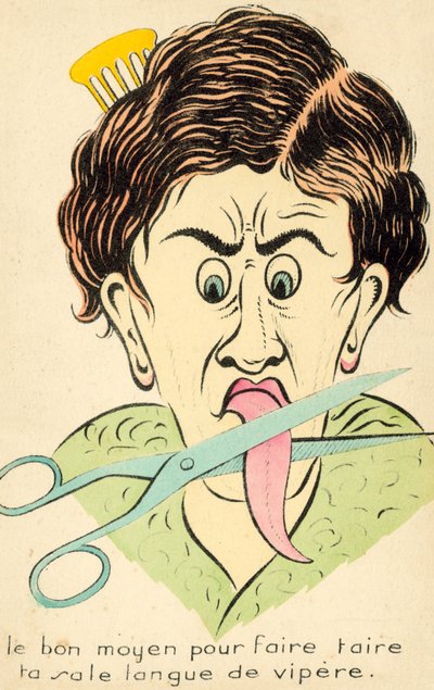 Das Zerschneiden der Zunge einer zänkischen Frau (Farblithografie) von English School