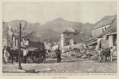 Schäden in der Rempart Street, Port Louis, verursacht durch den Mauritius-Zyklon von 1892 (Lithografie) von English School
