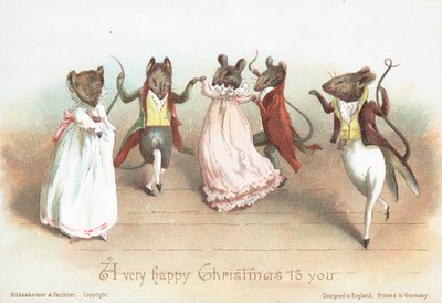 Tanzende Mäuse in Kleidung, Weihnachtskarte von English School