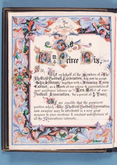 Widmung aus einer Ansprache, die von der Sheffield Football Association an William Pierce-Dix anlässlich seines Ruhestands als Sekretär überreicht wurde, 1882 (Tinte auf Papier) von English School