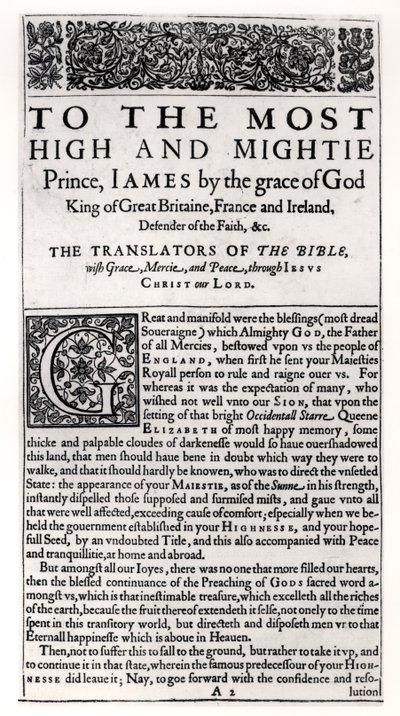 Widmungsseite in der Heiligen Bibel, veröffentlicht von Robert Barker, 1611 von English School