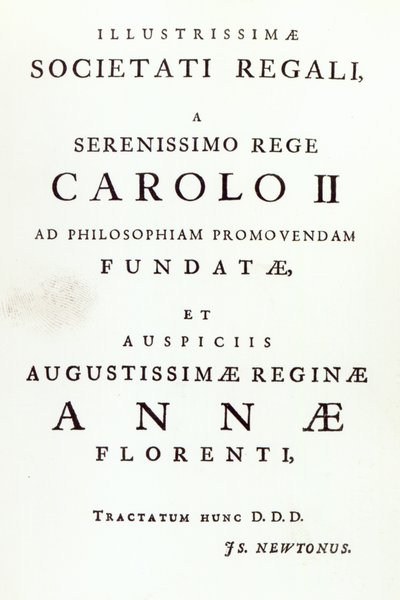 Widmung an die Royal Society der zweiten Ausgabe von Newtons Philosophiae Naturalis Principia Mathematica, 1713 von English School