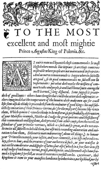 Widmung an den König von Polen Sigismund II. August im Der Ratgeber, die erste englische Übersetzung von Wawrzyniec Grzymała Goślickis De optimo senatore, 1598 von English School