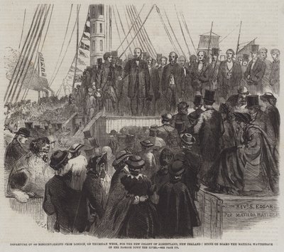 Abreise von 800 Nonkonformisten aus London nach der neuen Kolonie Albertland, Neuseeland, Szene an Bord der Matilda Wattenbach auf ihrer Fahrt den Fluss hinunter (Gravur) von English School