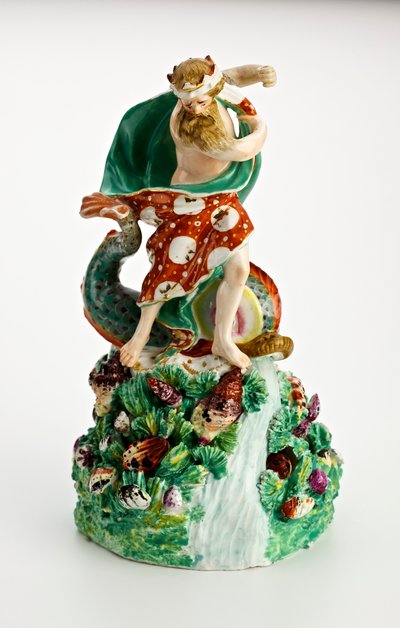 Derby Figur von Neptun auf felsigem Sockel mit Wasserfall und Muscheln, ca. 1750-1800 von English School