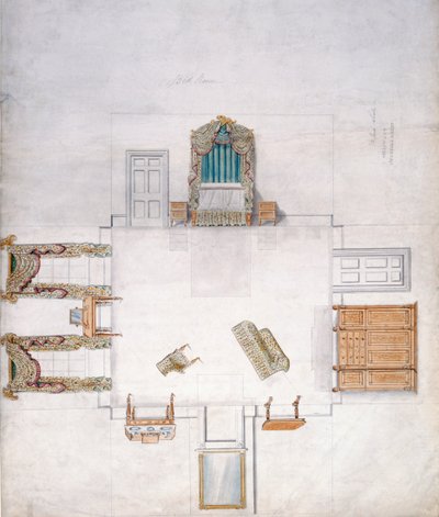 Entwurf für ein Schlafzimmer, von Gillow & Company (Aquarell auf Papier) von English School